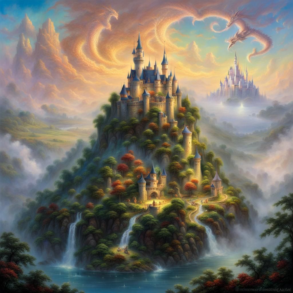 Fantasy Floating Island with Castle and Dragon
