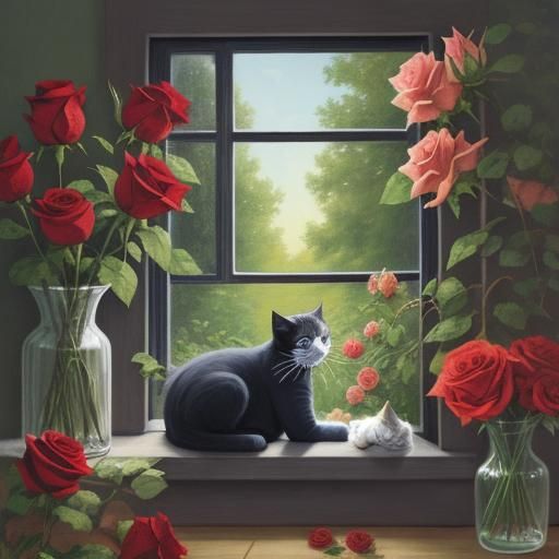Cats and Roses in Bloom