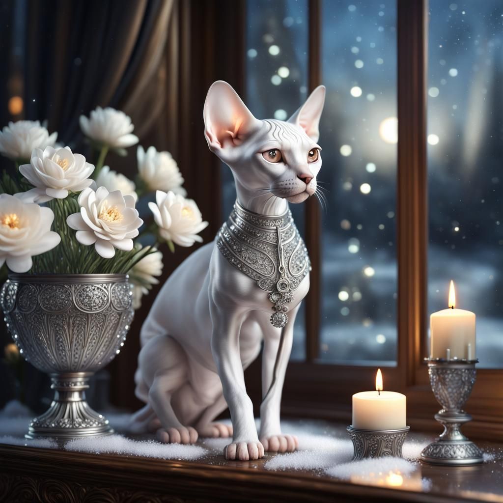 Photorealistic CGI: Flowers, Cat, Moonlight Snow