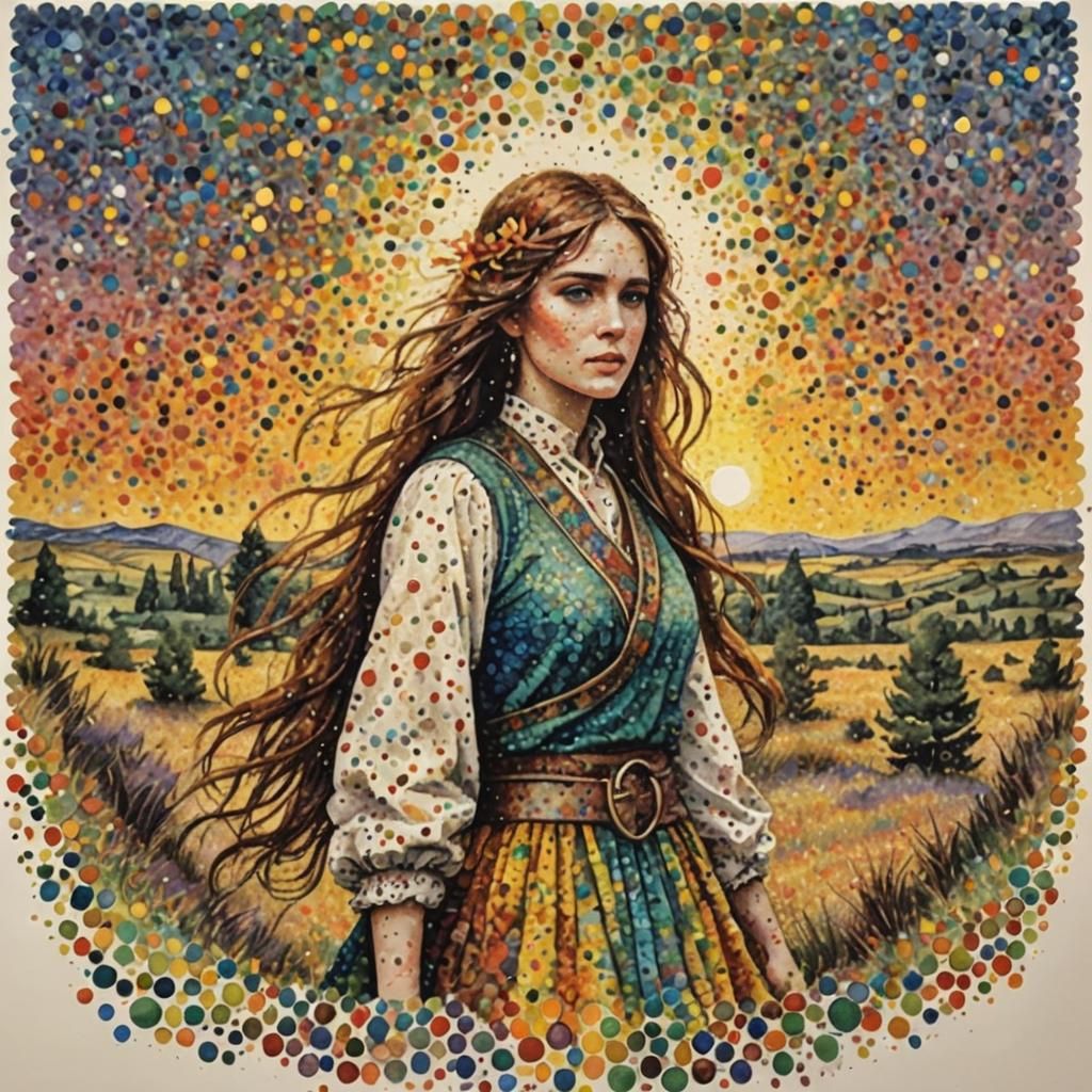 Pointillist Figure with Watercolor and Ink Details