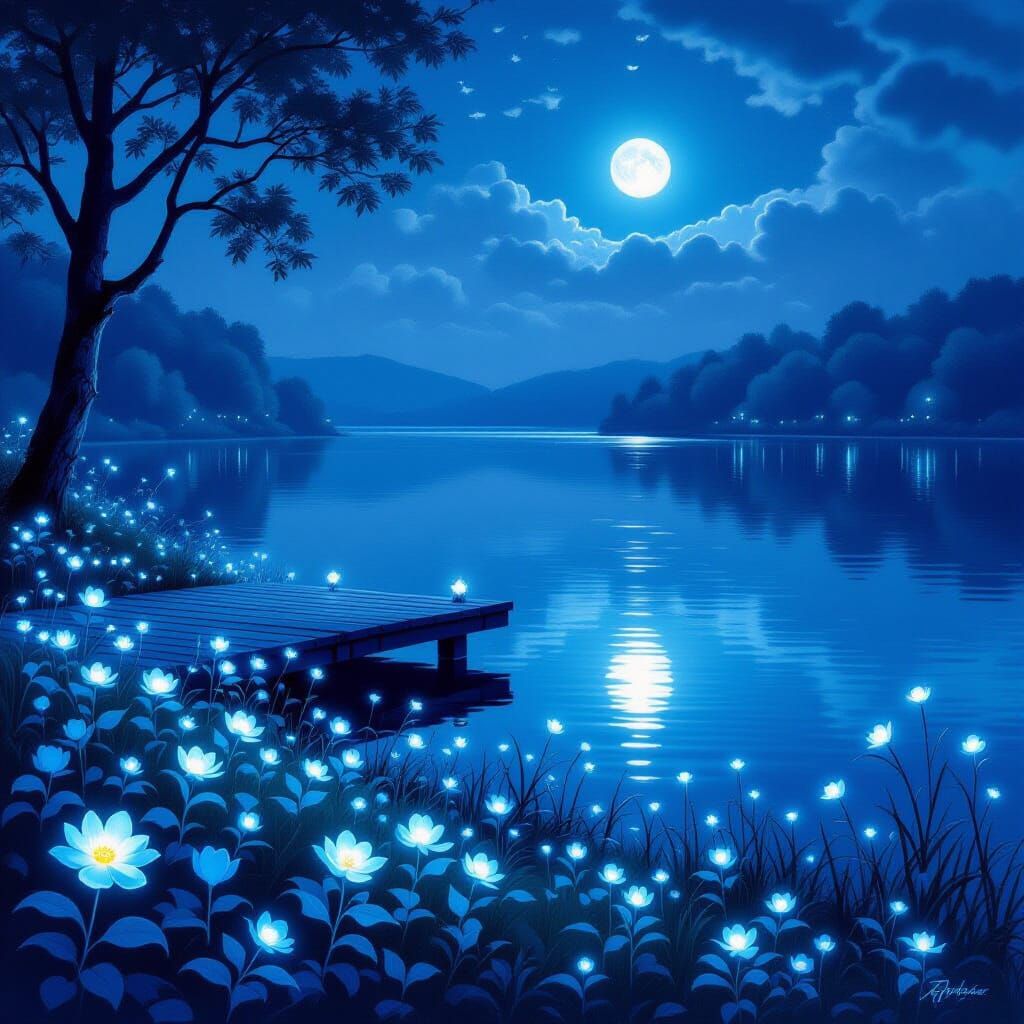 Moonlit Lake with Bioluminescent Flora