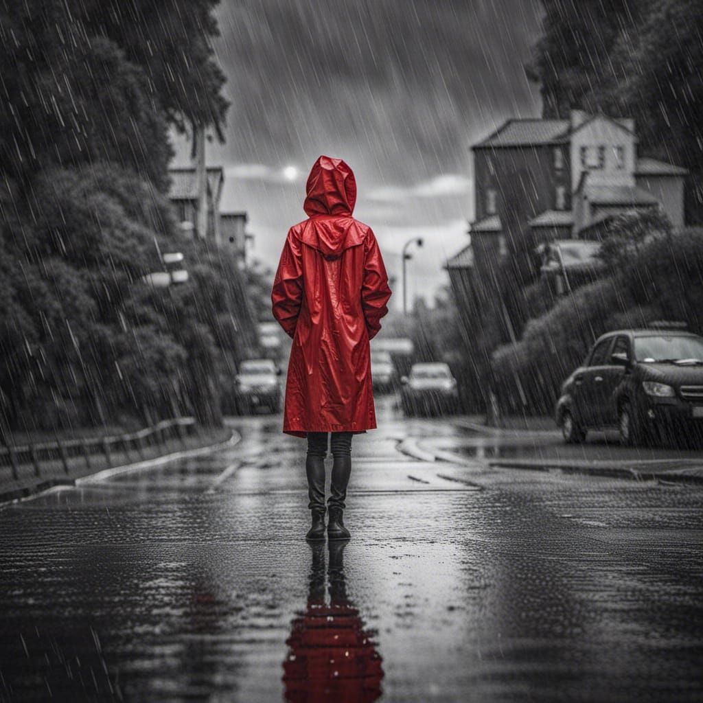 Woman in Red Raincoat: Black and White HDR Photo