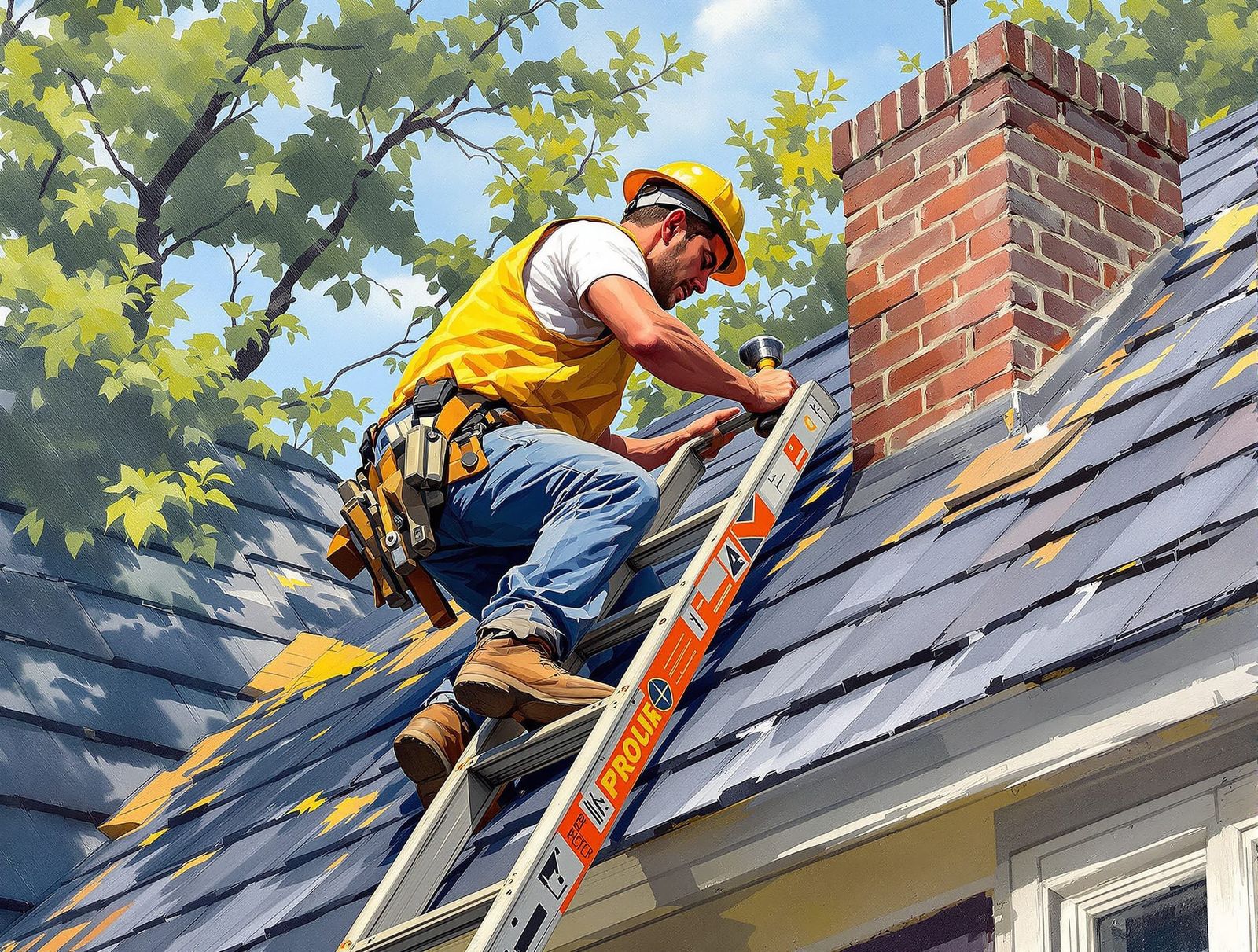 Roofer Climbing Ladder in Rockwell-esque Style