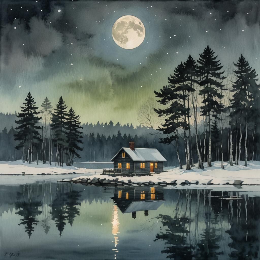 Maine Cottage Under Aurora, Minimalist Watercolor