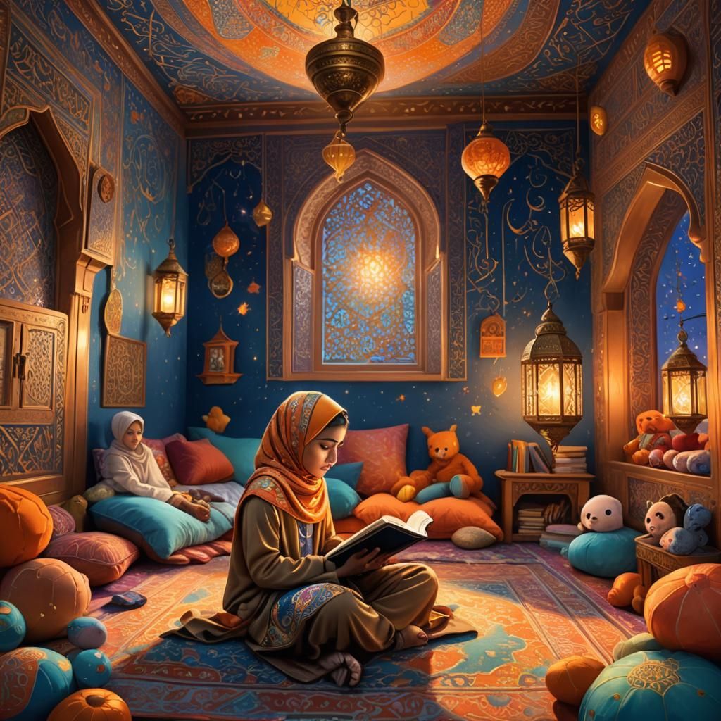 Girl Reciting Quran in Whimsical Art Nouveau Room