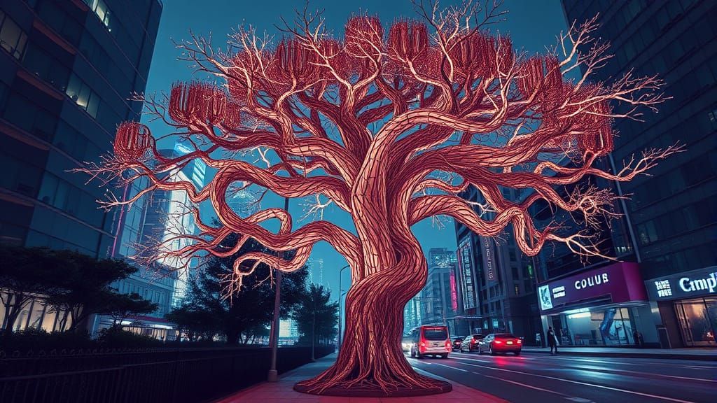 Wire Tree Sculpture on City Street in Digital Art Style
