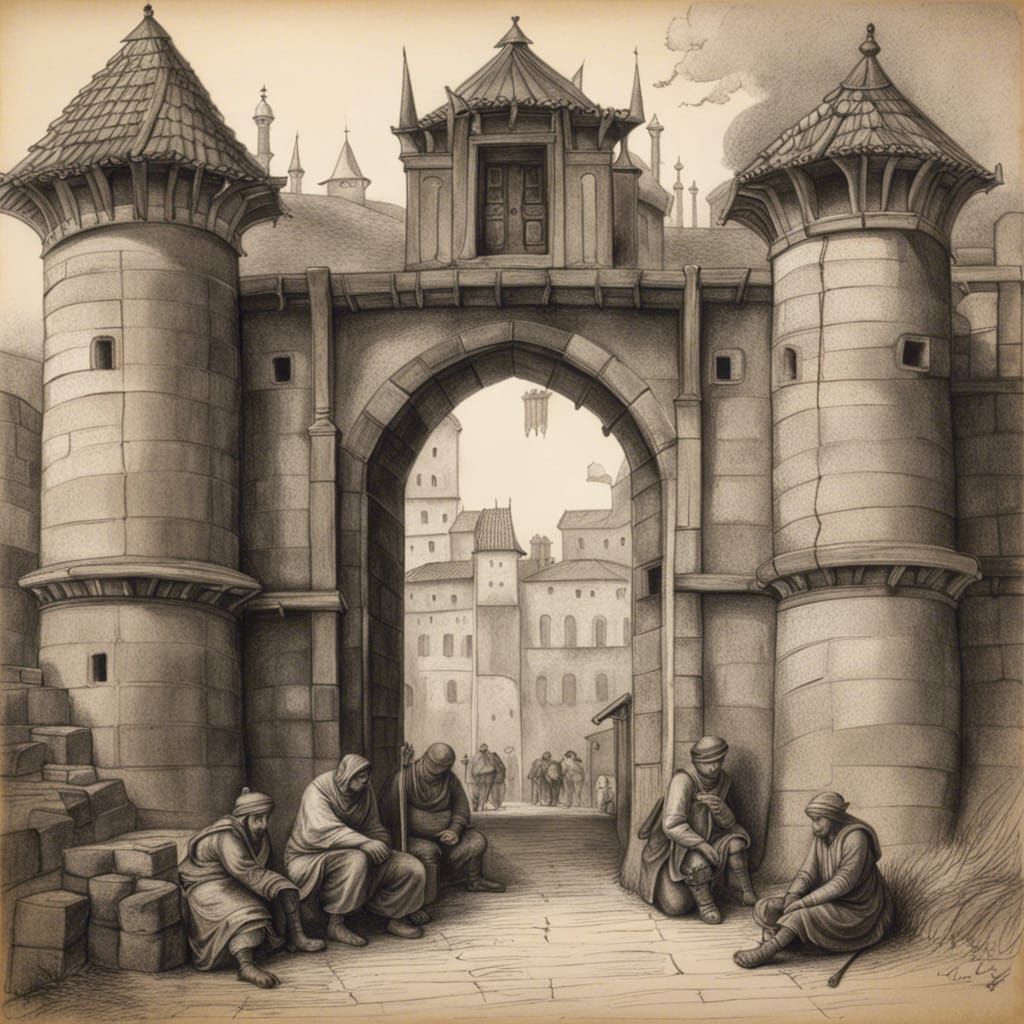Fortified Town Gate with Beggars: Charcoal Drawing