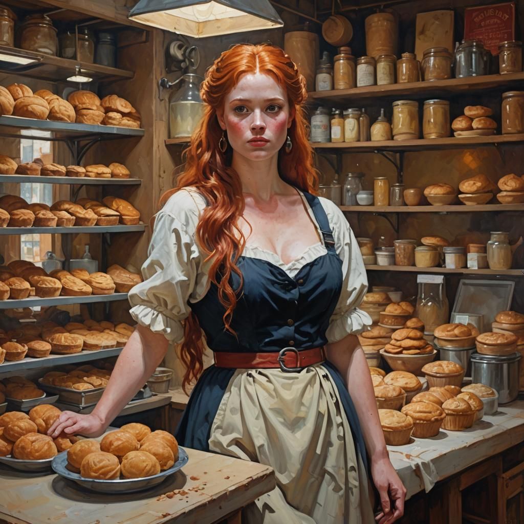 Redhead in Victorian Bakery: Oil Painting Style
