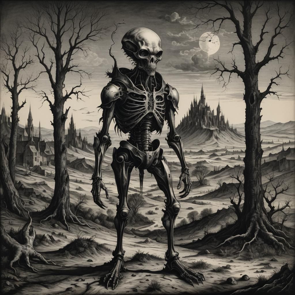 Alien in Barren Landscape: Durer Style Engraving