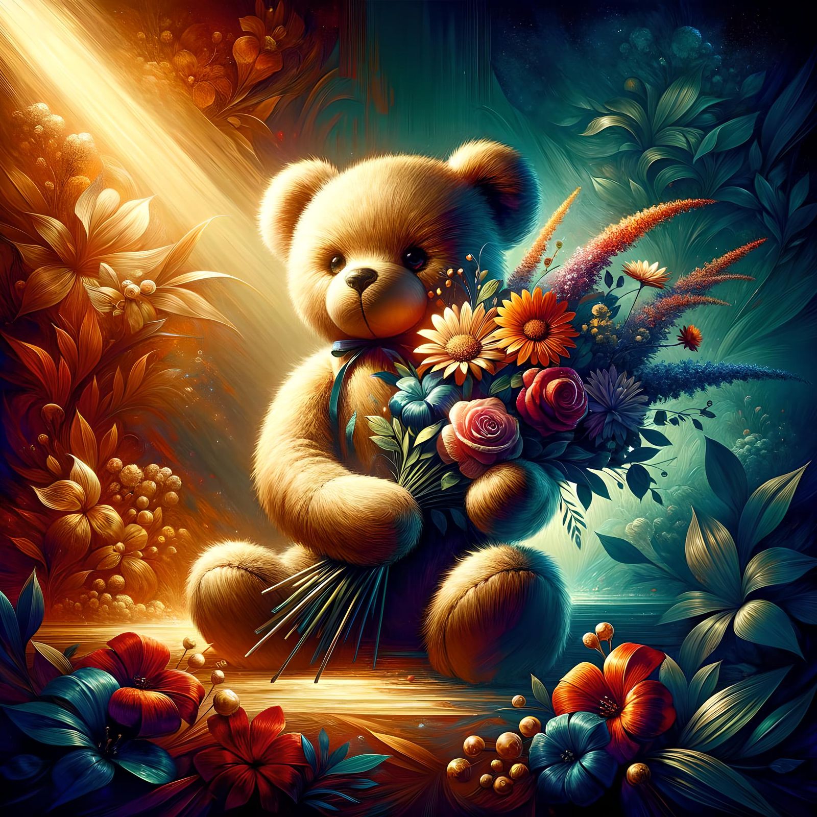 Teddy Bear with Flowers in Art Nouveau Style