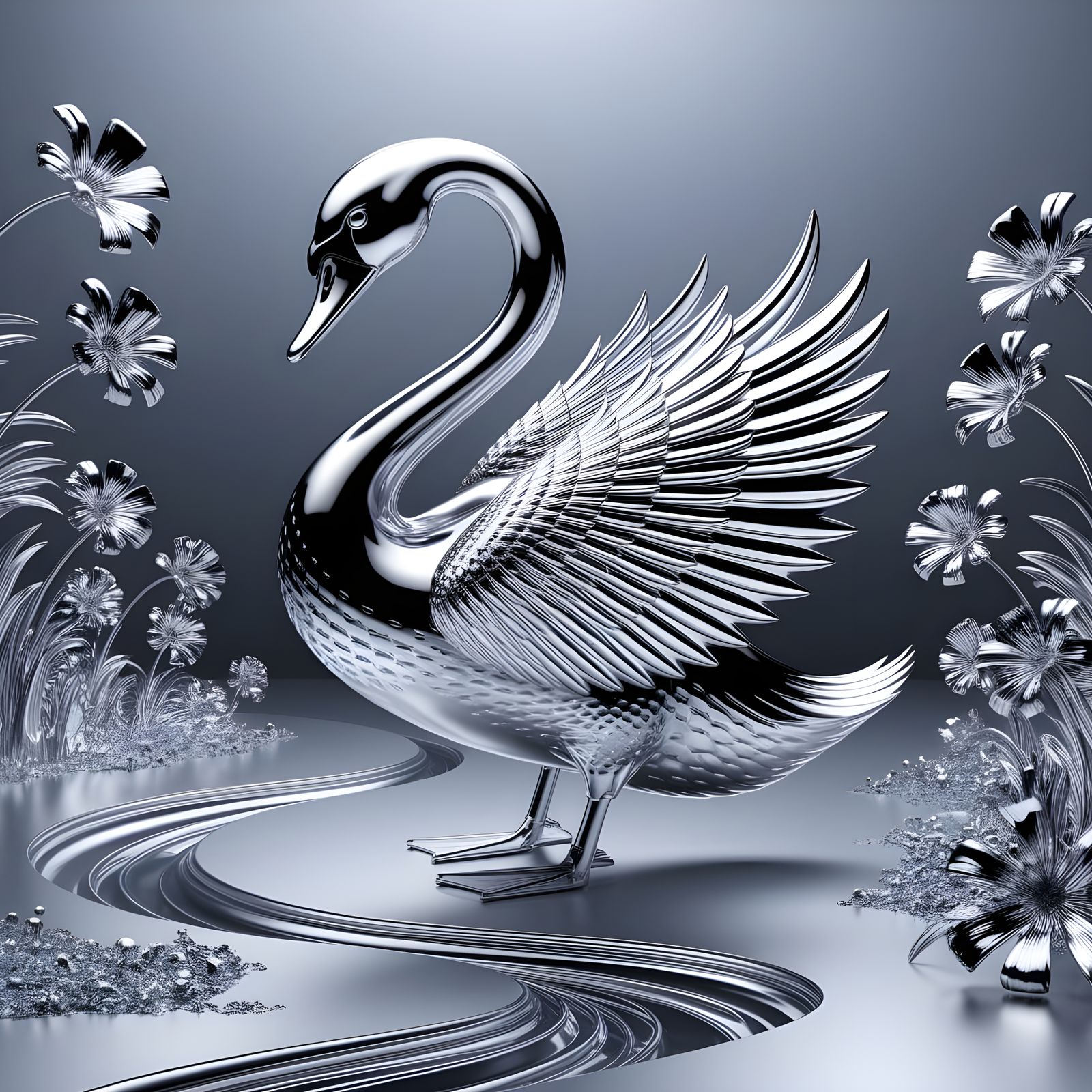 Chrome Swan in Dreamy Silver Landscape