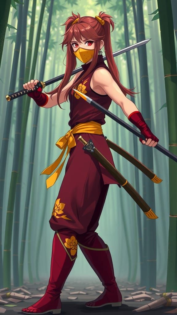 Surreal Anime Ninja in Stealthy Bamboo Forest Attire