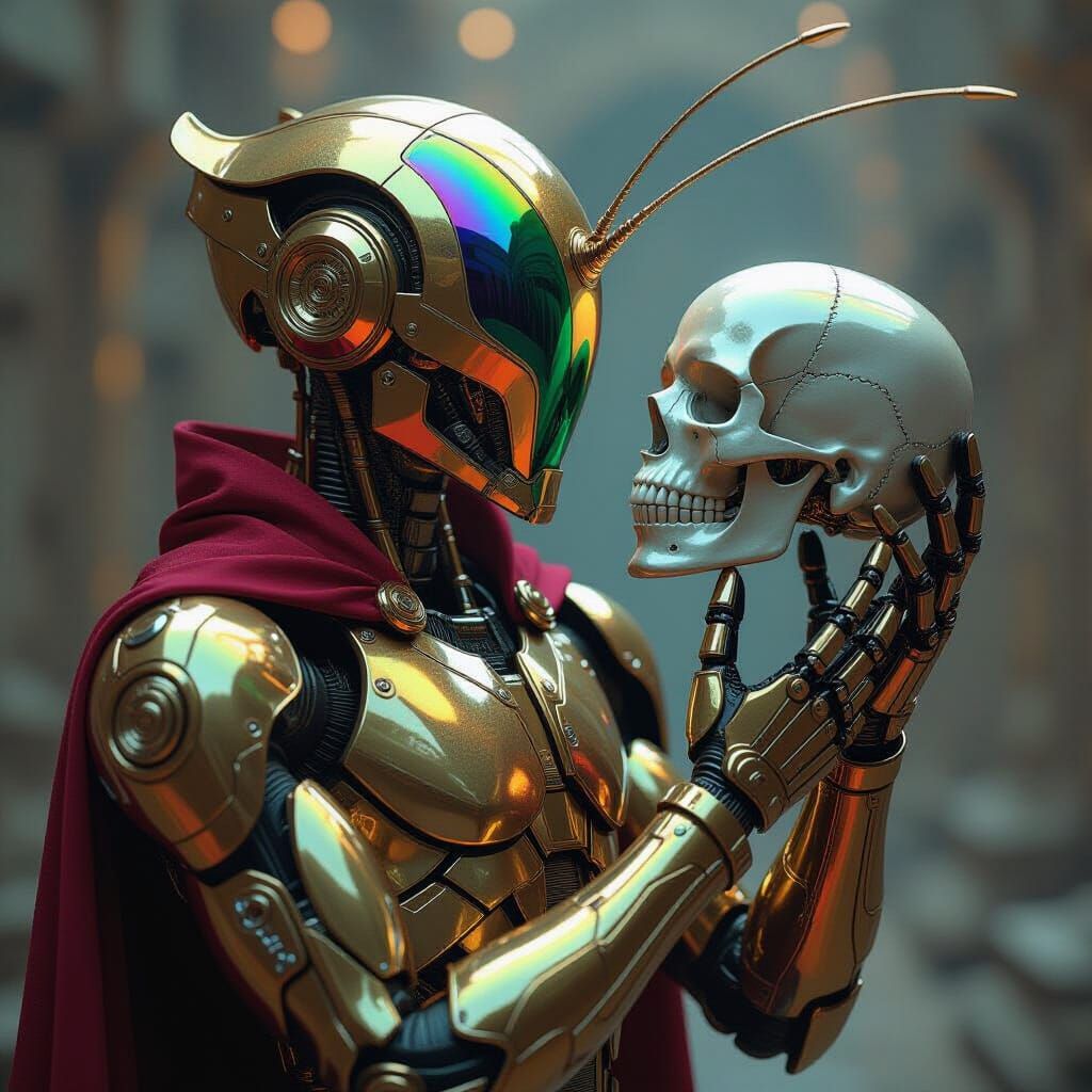 Cyborg Mantis with Human Head in Cyberpunk Style