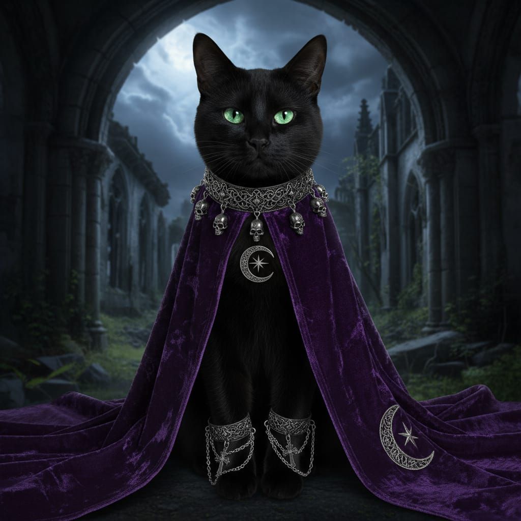 Goth Cat in Purple Velvet with Silver Jewelry