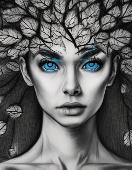 Tree Woman Portrait in Hyperdetailed Charcoal Style