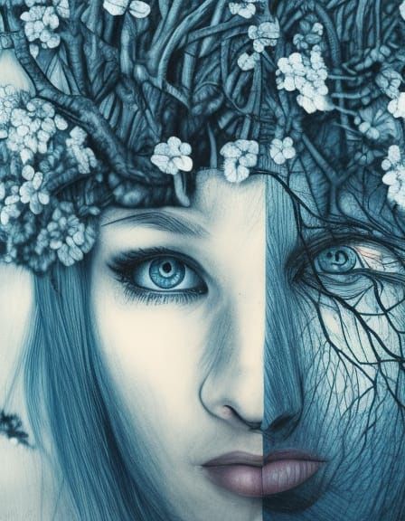 Tree Woman Portrait in Hyperdetailed Charcoal Style