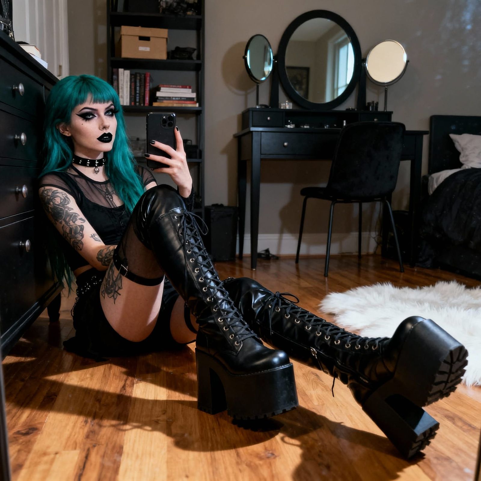 Gothic Woman Takes Selfie in Moody Bedroom