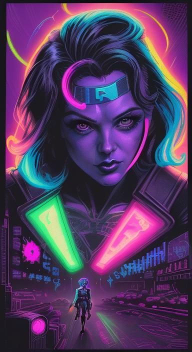 Cyberpunk Pinup Superhero in Neon Synthwave Style