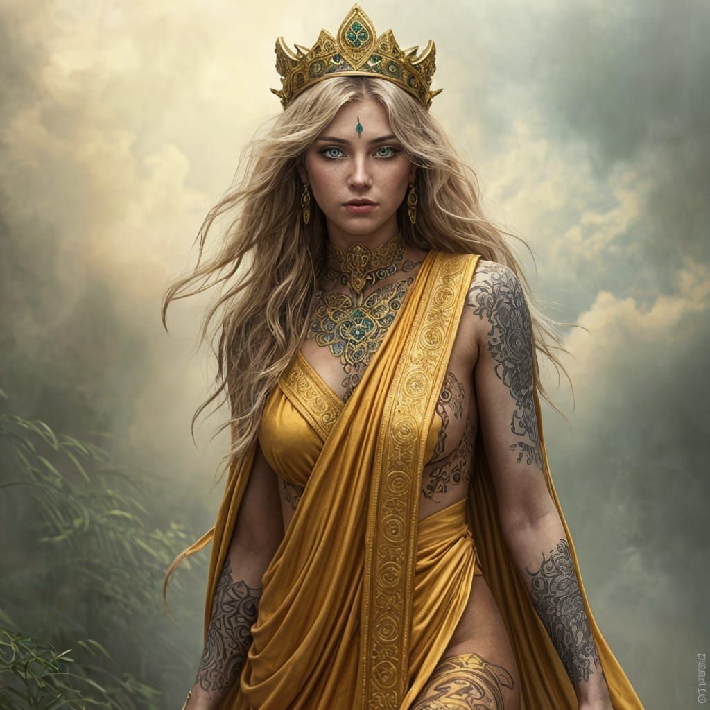 Golden Priestess with Emerald Eyes in Misty Landscape
