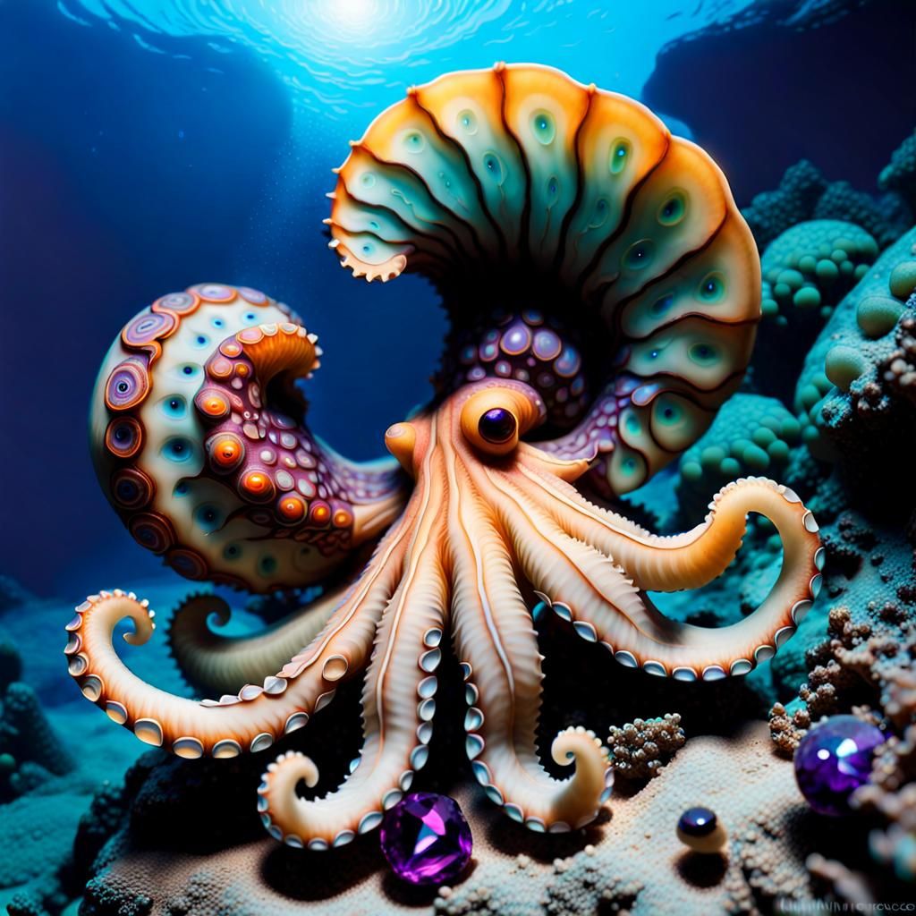 Luminescent Underwater Octopus with Gemstones and Ammonite