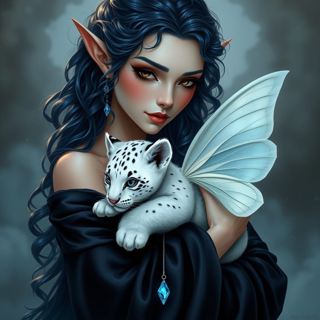 Ethereal Elven Goddess with Majestic Albino Feline Companion