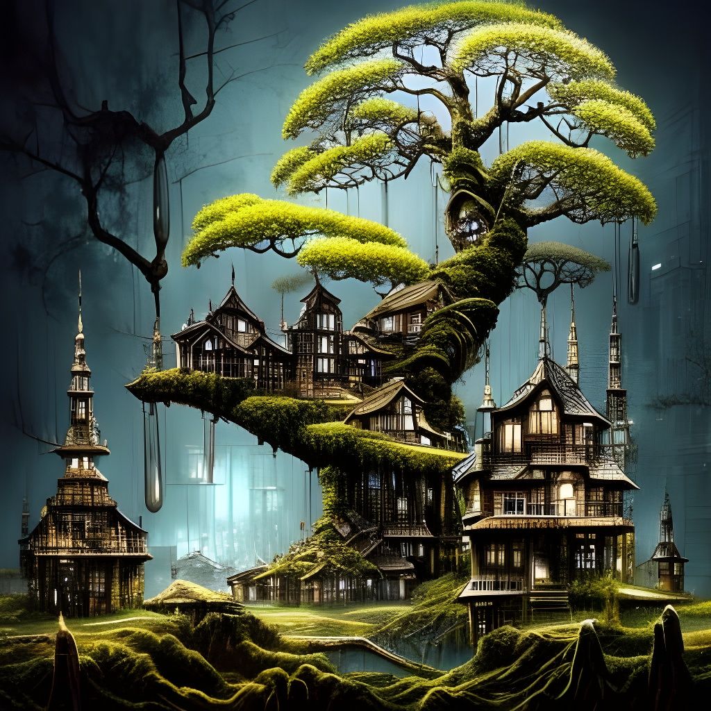 Clockpunk Crystal Bonsai Village: Digital Matte Painting