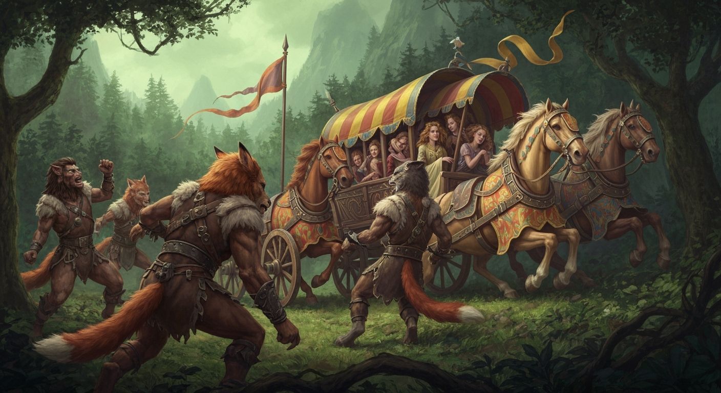 Lion Paladin Defends Ladies from Satyr Attack