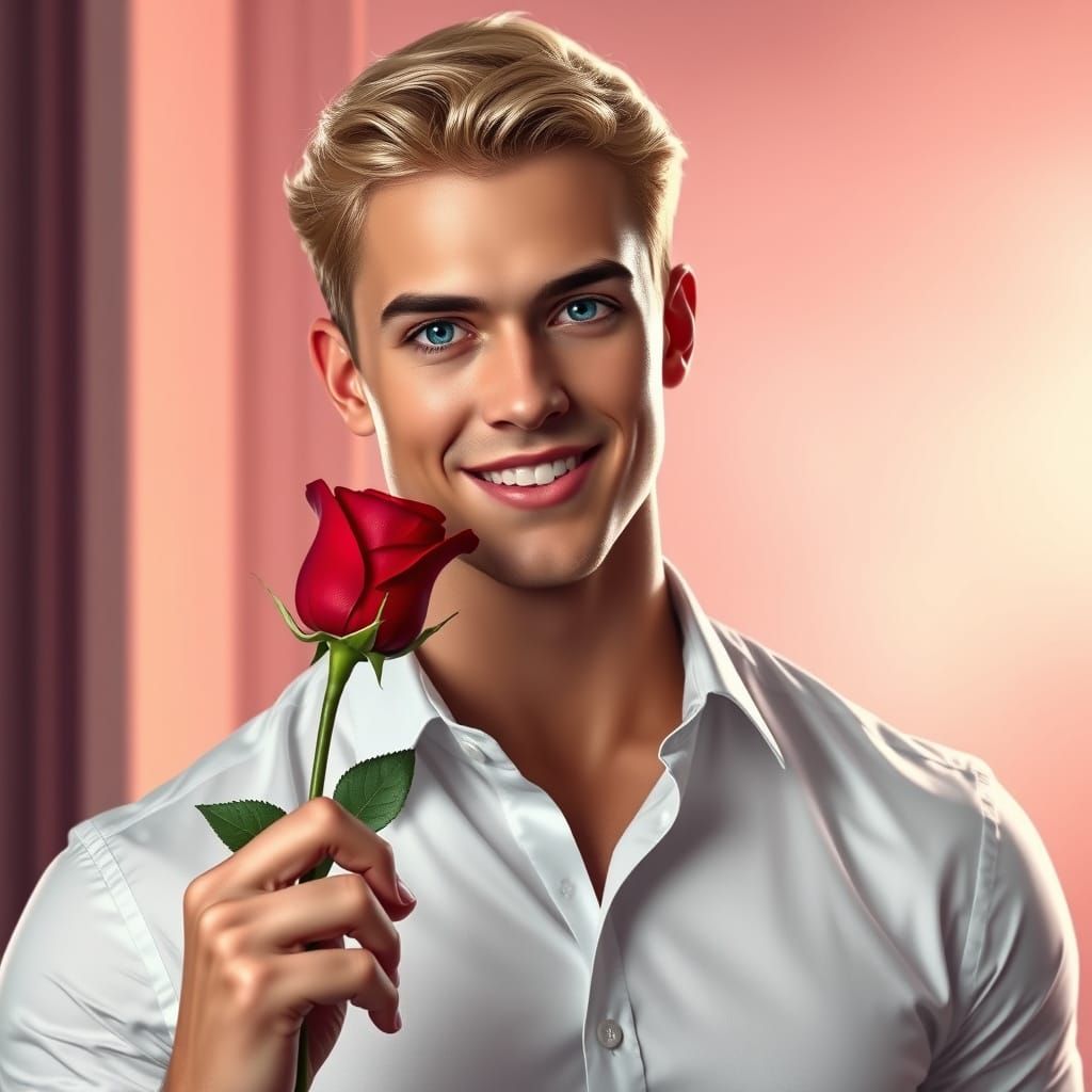 Charming Gentleman Holds Valentine's Rose in Bright Smile