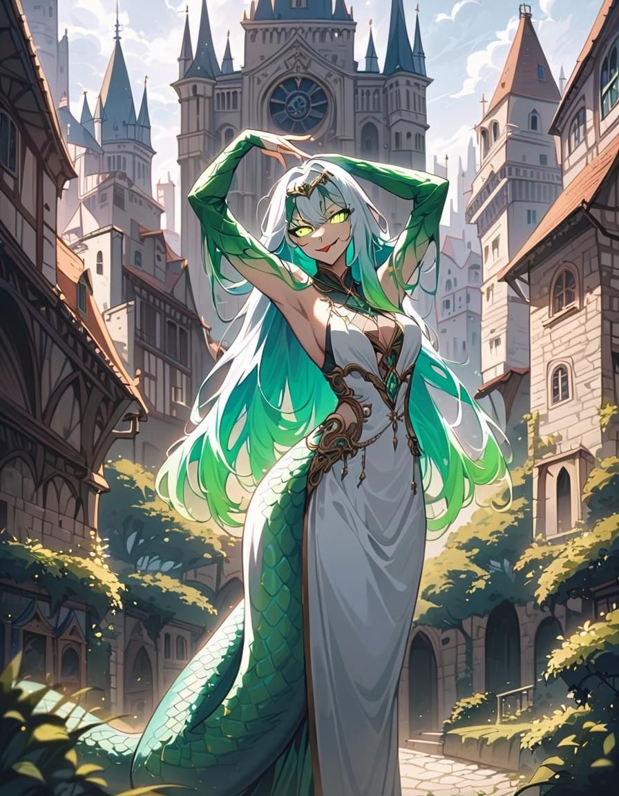 Captivating Lamia in Medieval Cityscape: Anime Style
