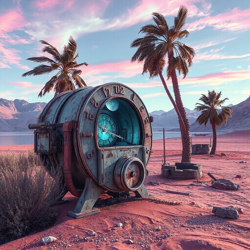 Rusty Time Machine in a Vibrant Desert Oasis