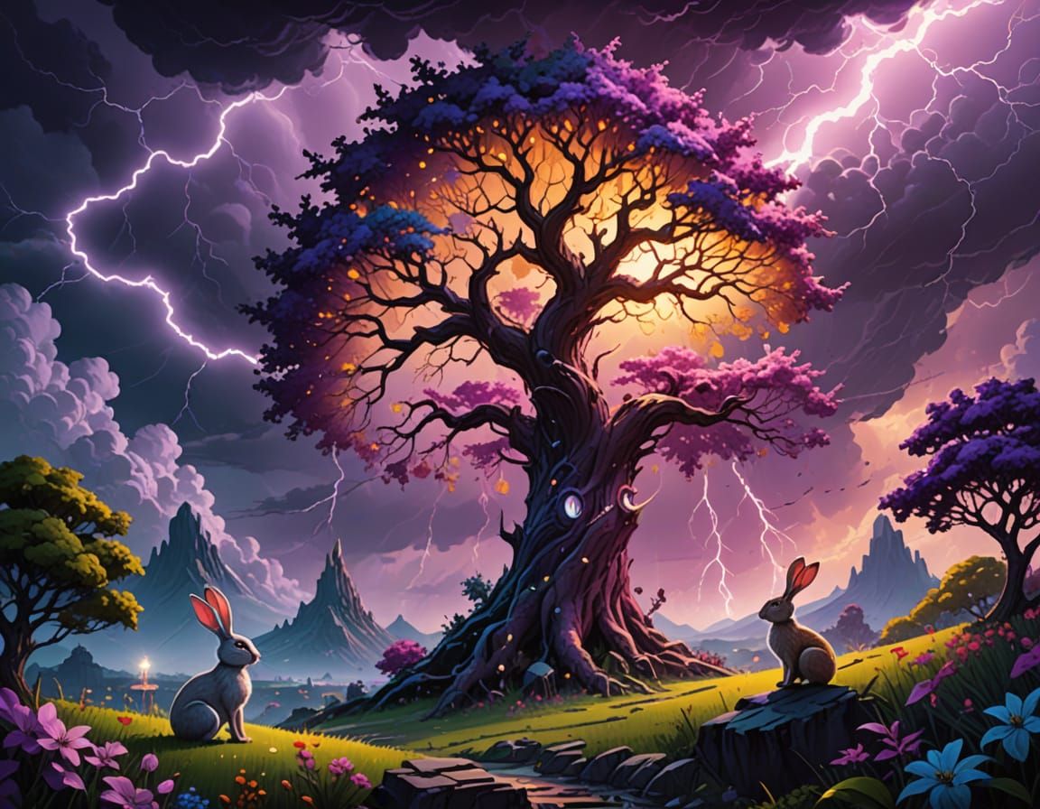 Fantasy Landscape with Bunny and Elf in Neon Colors