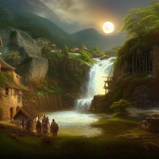 Prehistoric Village by Waterfall: Detailed Gouache Concept A...