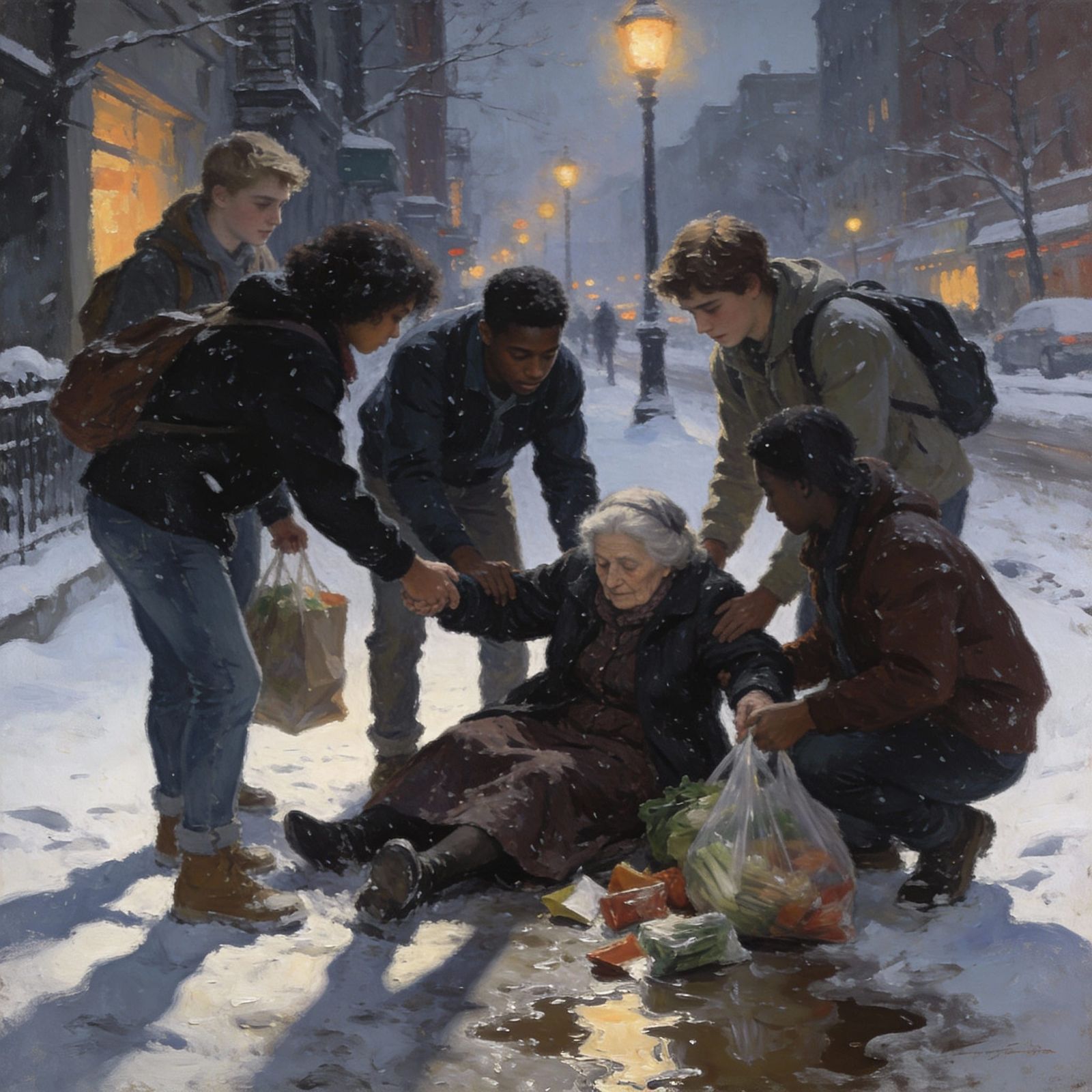 Urban Kindness: Diverse Youth Help Elderly Woman in Snowy Ci...