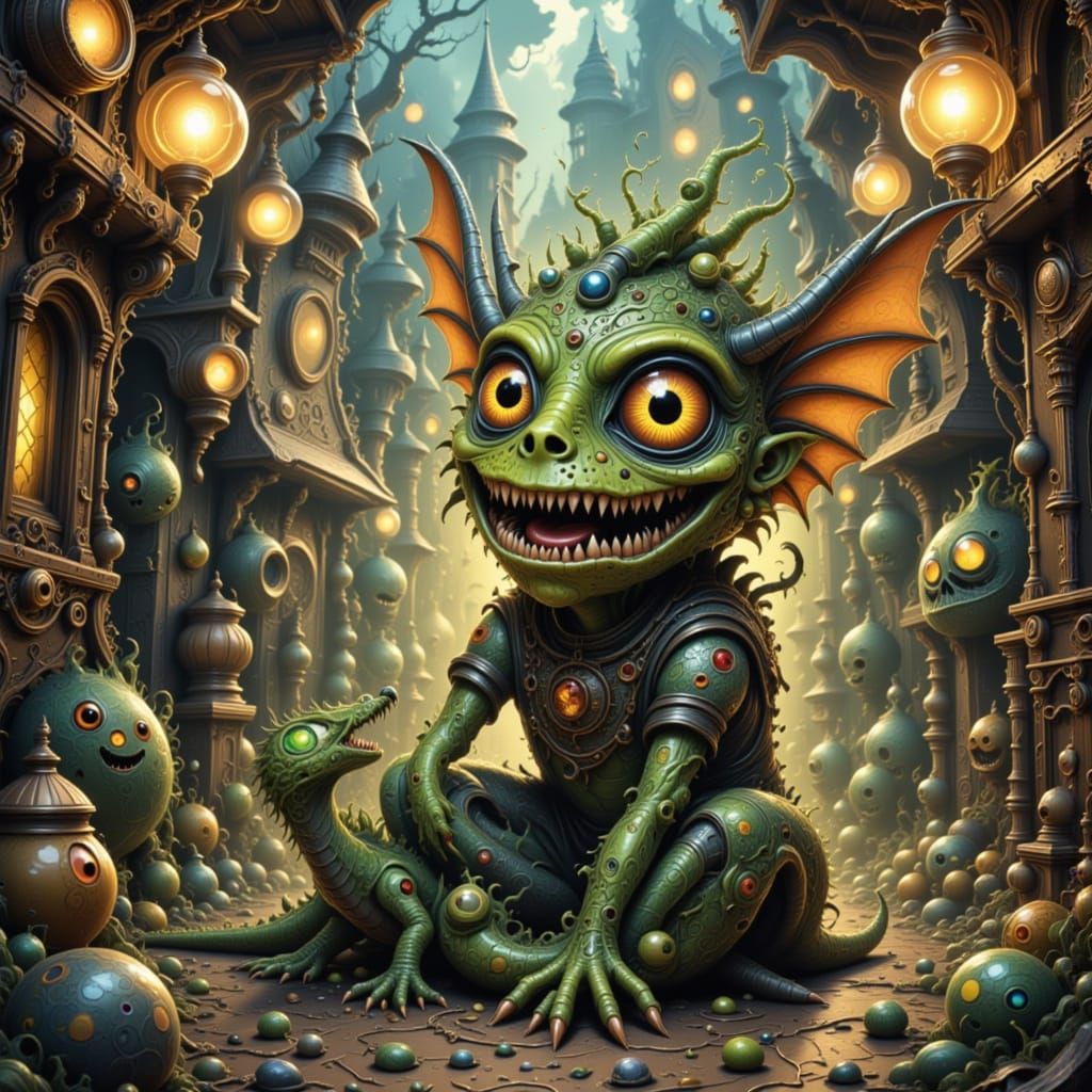 Punk Pixie and Adorable Dragon in Steampunk City