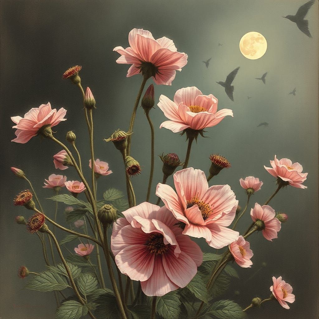 Pink Vintage Flowers Illustration in Dark Fantasy Style