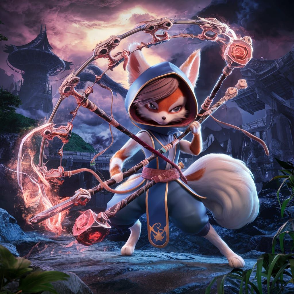 Fetchling Ninja with Staff in Mystical Dungeon