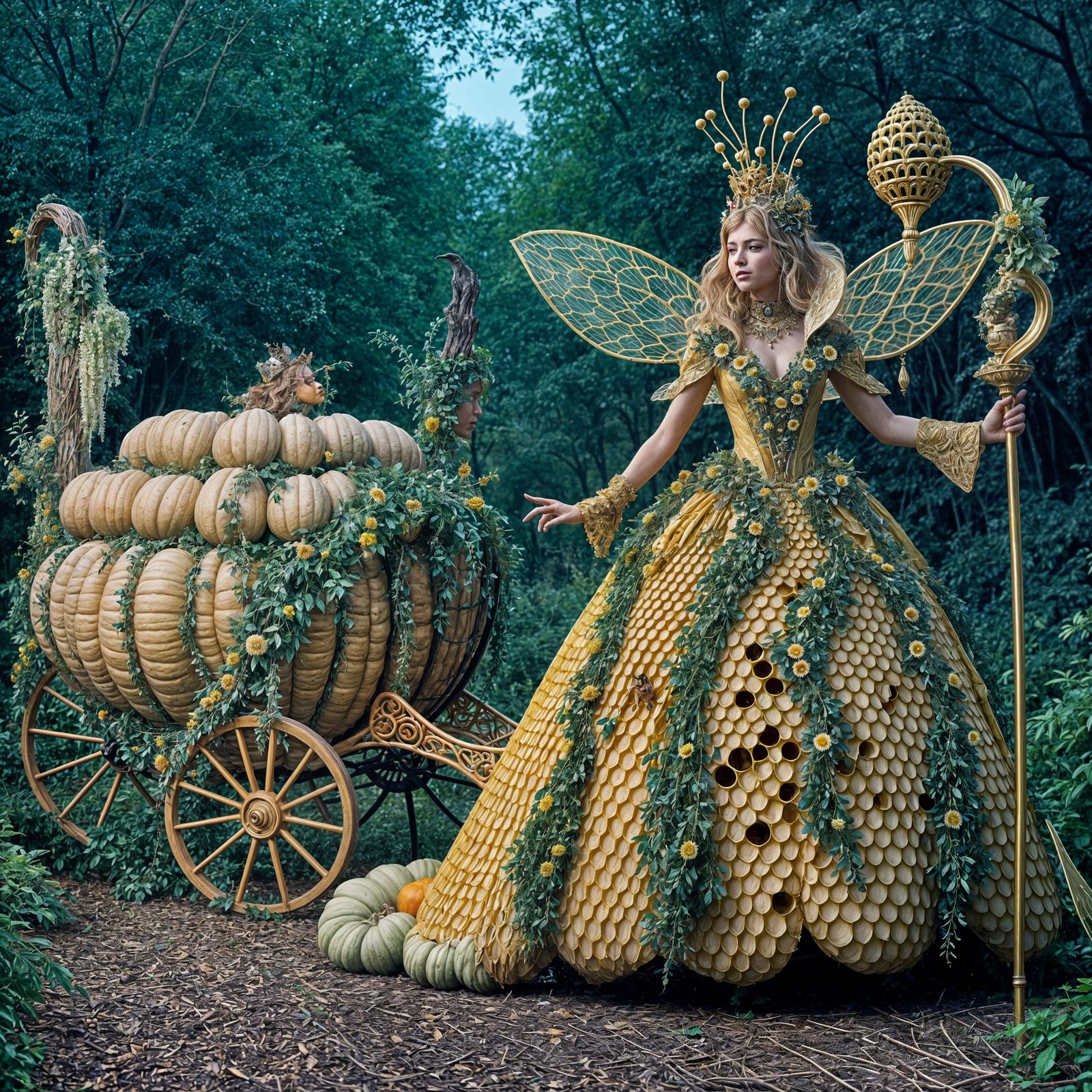 Bee Queen Fairy in Pumpkin Chariot