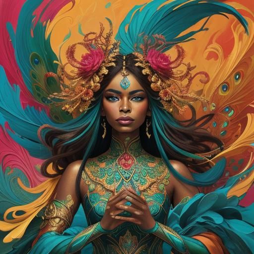 Dragon Peacock Woman in Abstract Expressionist Portrait