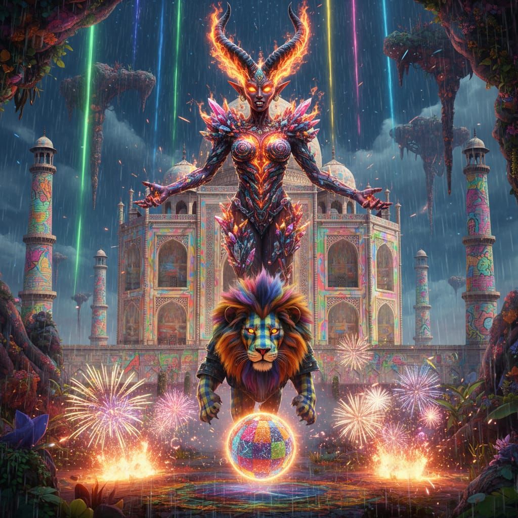 Cosmic Empress Goddess with Crystal Adornments and Neon Rain