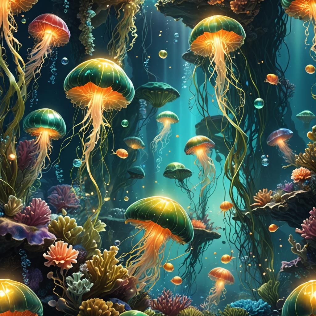 Glass Fairies in an Iridescent Underwater Scene