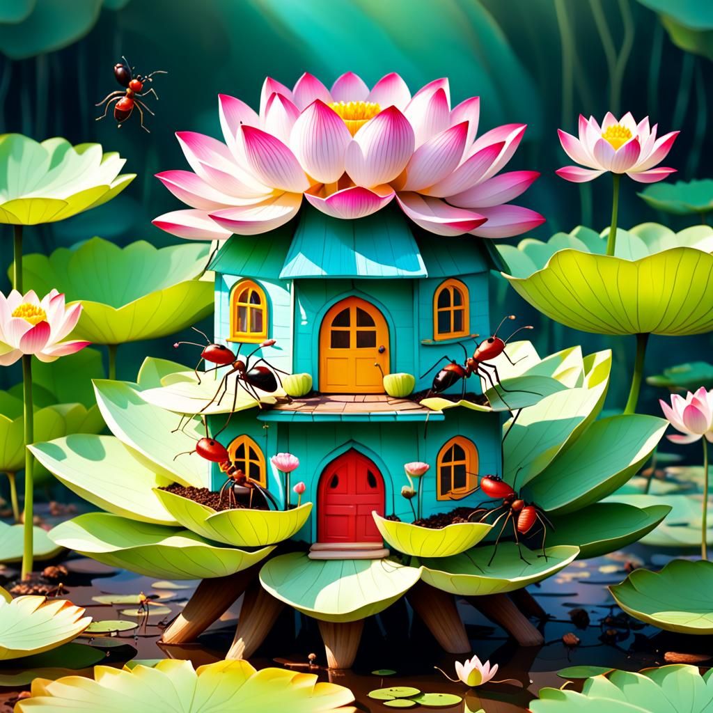 Ants Building House Inside a Colorful Lotus Flower