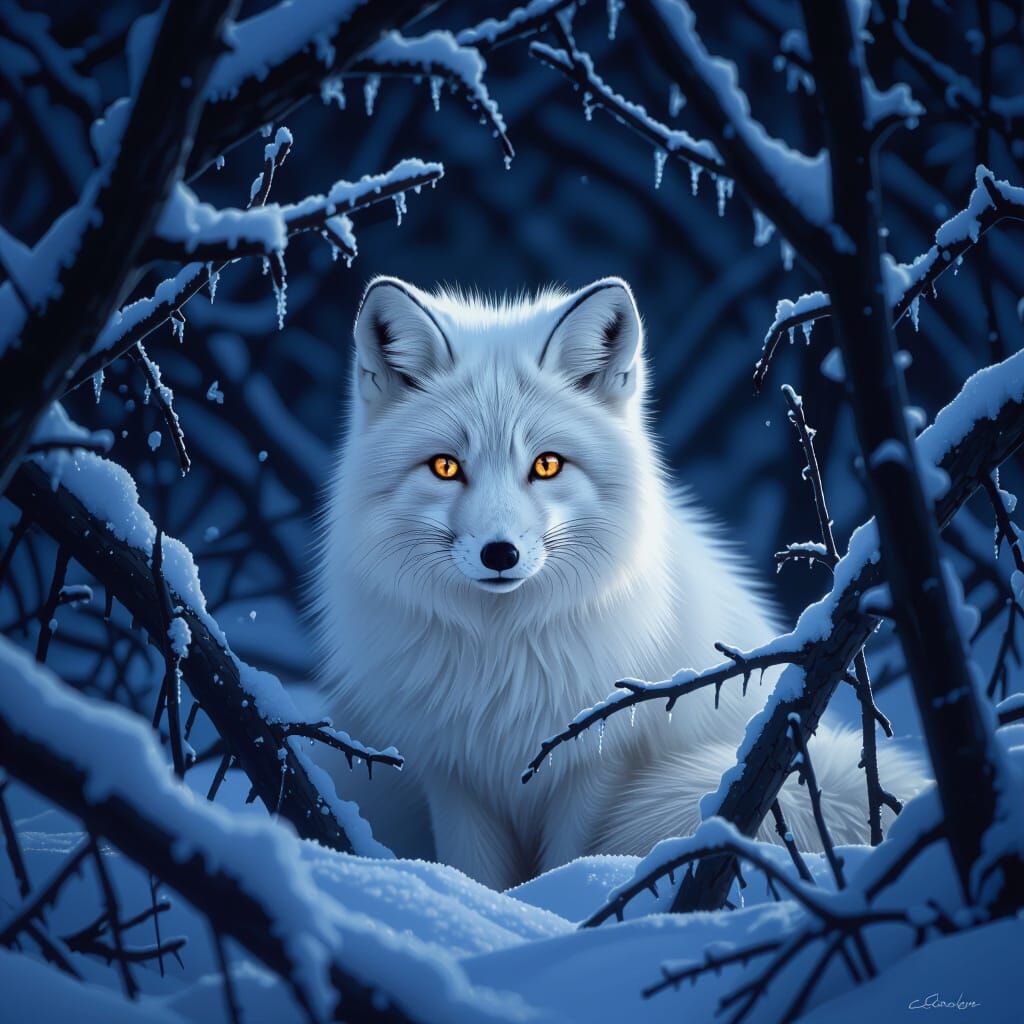 Arctic Fox Camouflaged in Snowy Forest Night