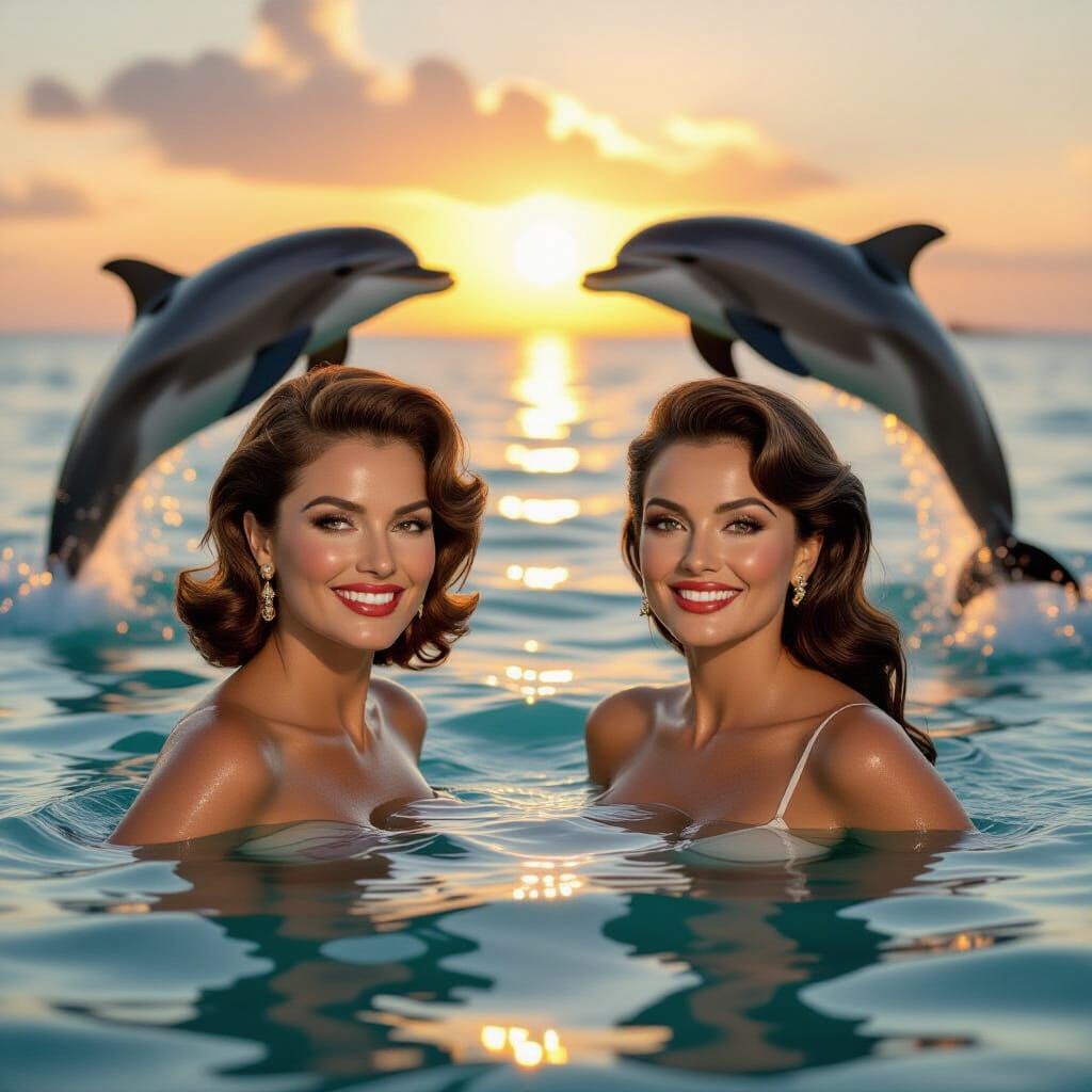 Glamorous 1960s Actresses Skinny Dipping at Sunset Beach wit...