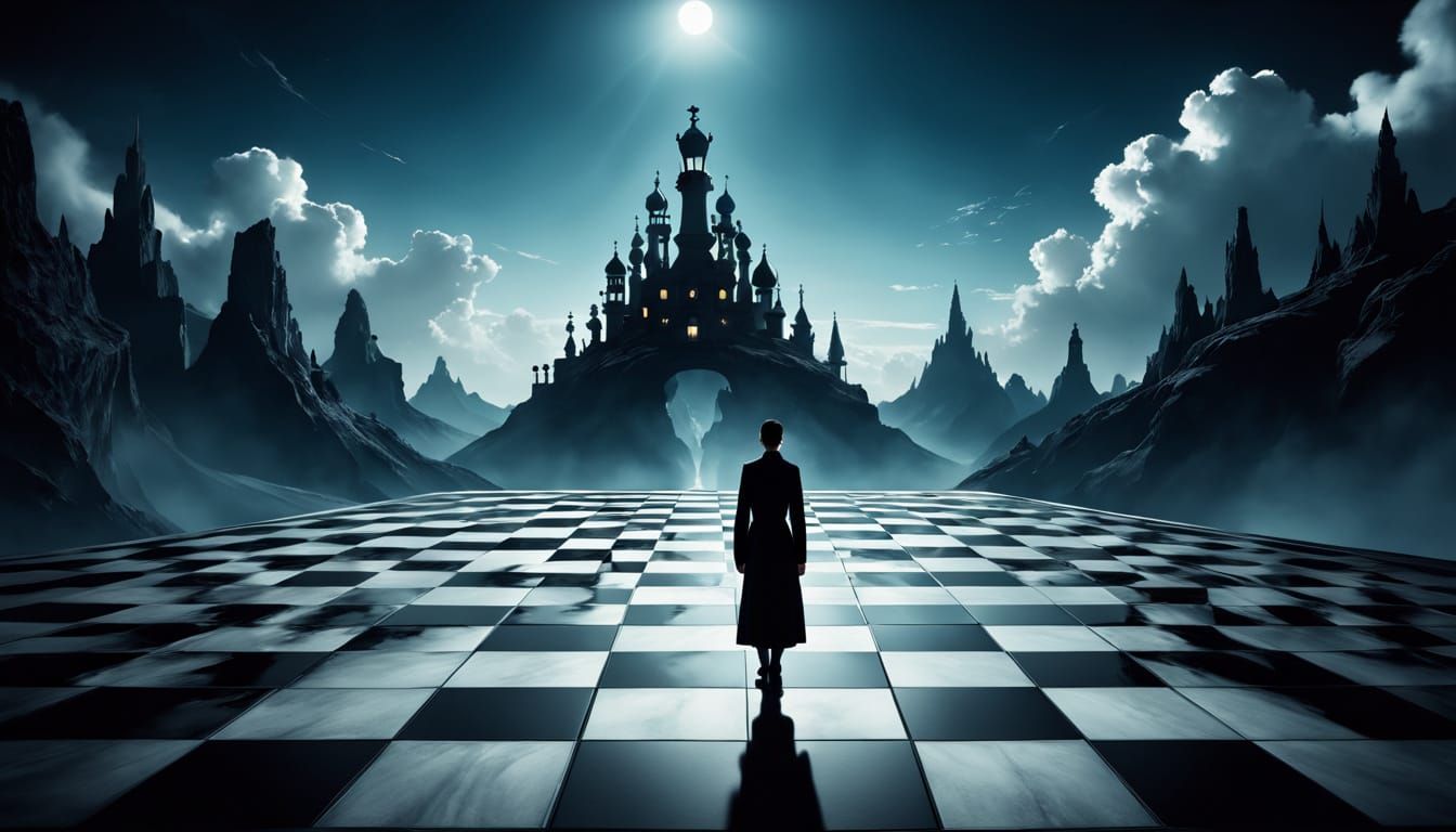 Surreal Figure Stands at Edge of Infinite Chessboard in Fine...