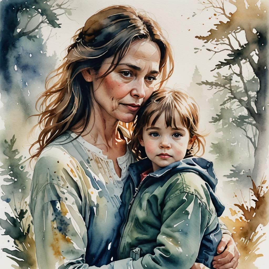 Intricate Watercolor of Mother and Child