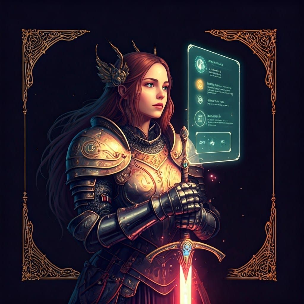 Female Knight with Glowing Sword and Virtual Interface