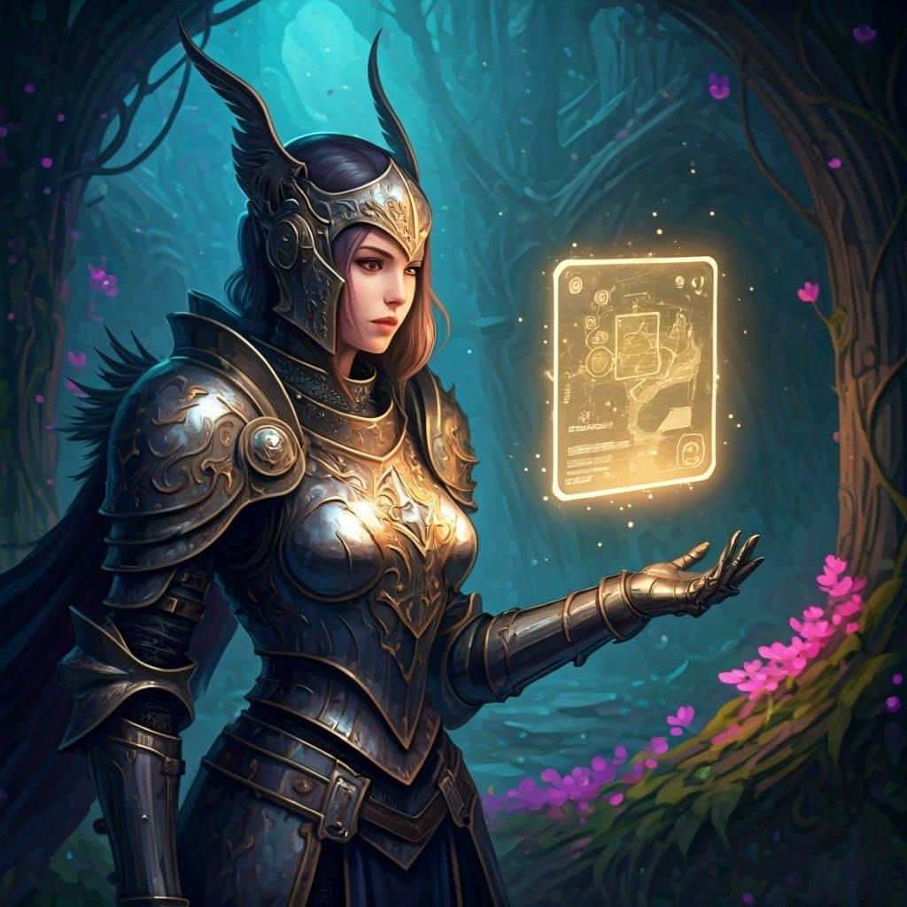 Knight Gazing at Ethereal Status Screen