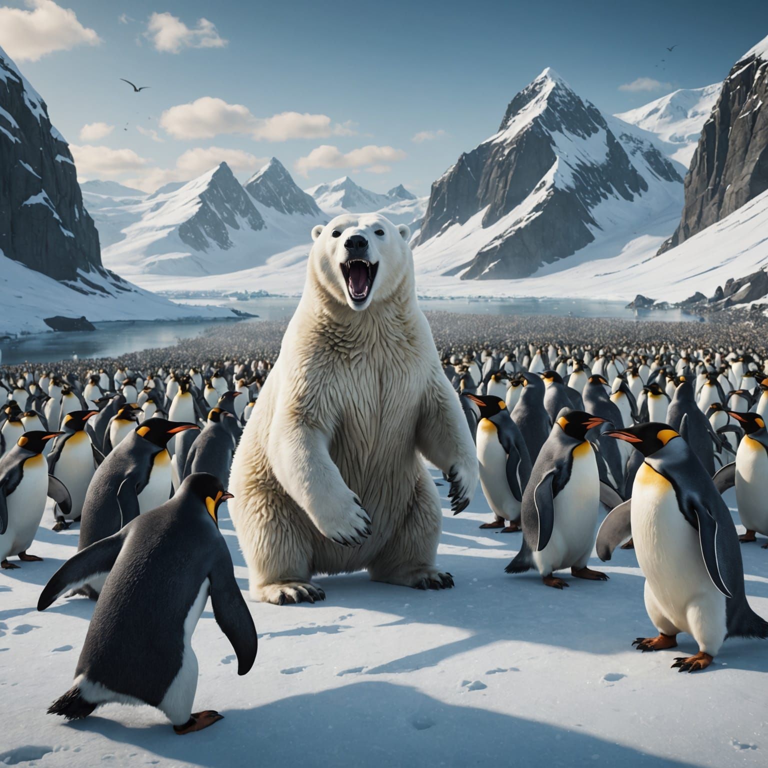 Penguin Army Versus Polar Bear: Detailed Matte Painting