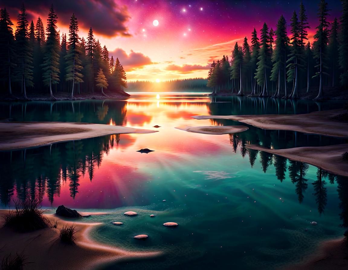 Cosmic Sunset Over a Fantasy Lake