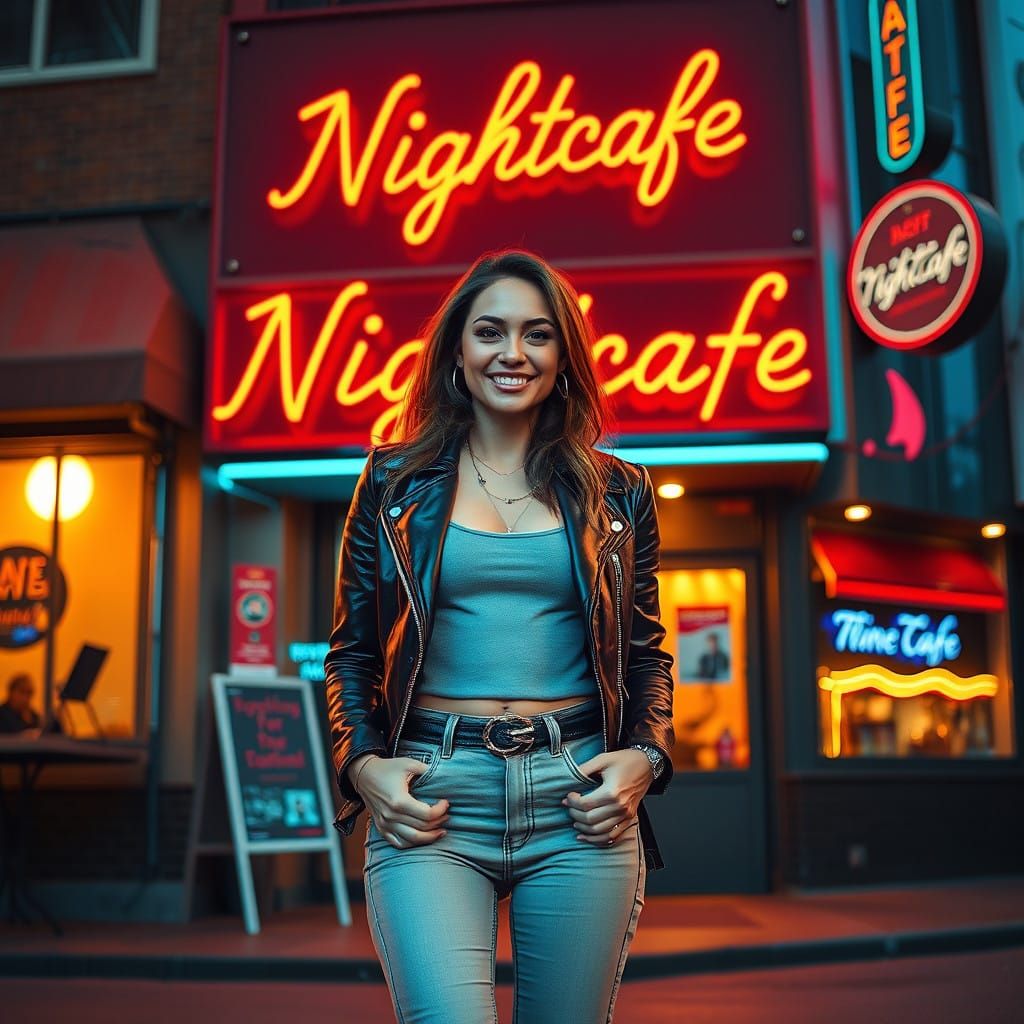 Confident Woman Illuminated by Nightcafe Neon